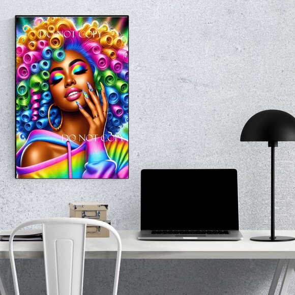 Colorful Afro Woman Pop Art – Vibrant Rainbow Curly Hair 8.5x11 Black Frame - Picture 7 of 7